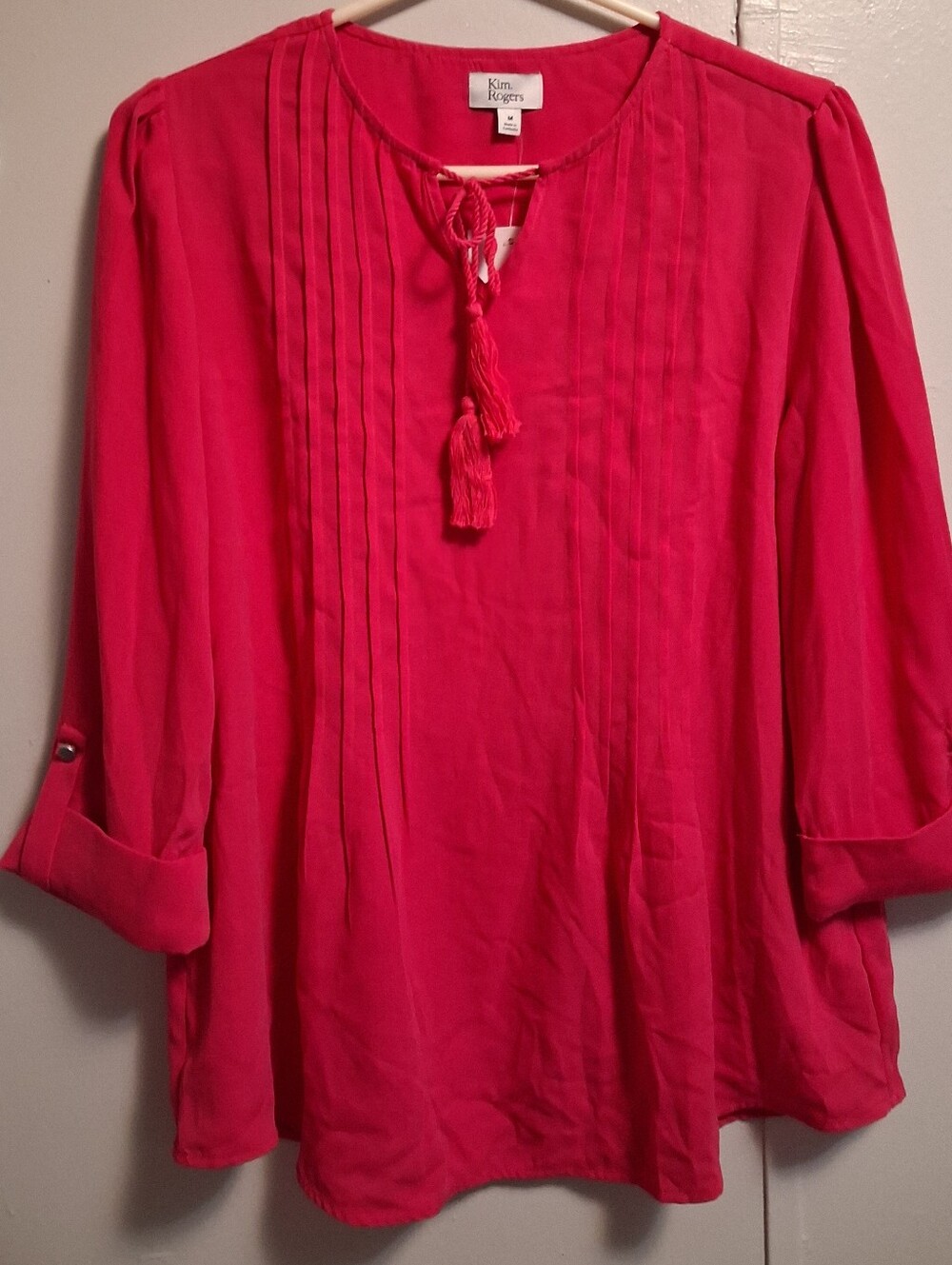 NWT Kim Rogers Bright Pink Tassel Pintuck Tunic
